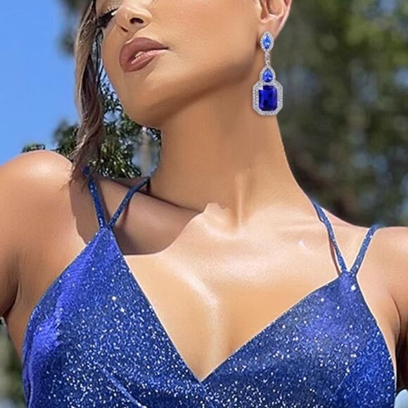 Silver with Blue Sapphire Austrian Crystal Infinity Chandelier Post Earrings - Picture 4 of 5